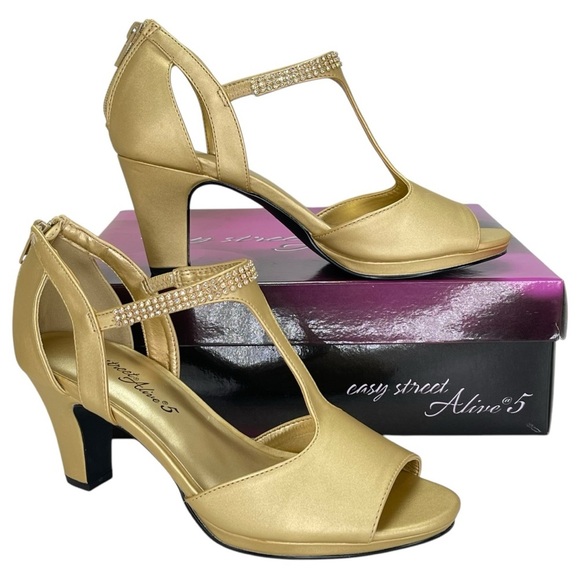 Easy Street Flash Gold Satin Rhinestone Womens Heels Size 9M - Picture 1 of 12
